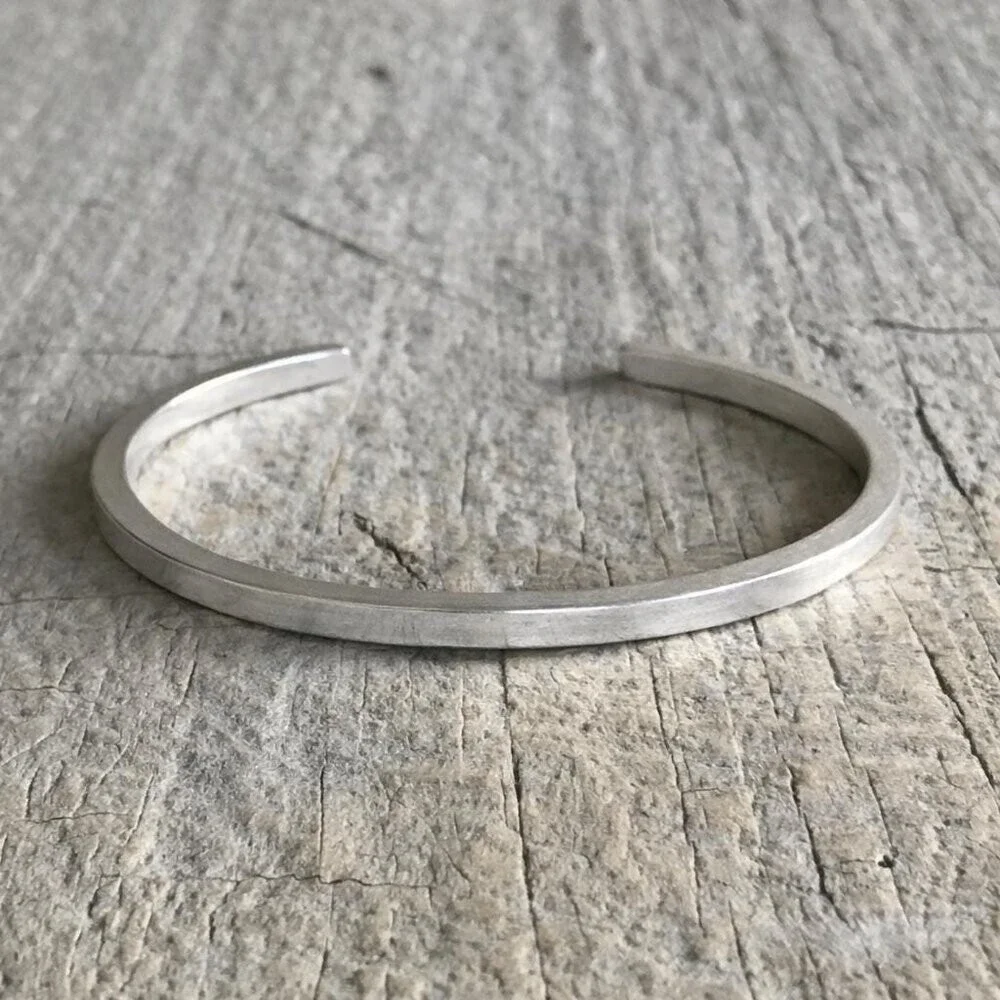 Brushed sterling silver square open cuff bangle bracelet.